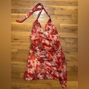 SHEIN Red Floral Sheer Halter Dress
